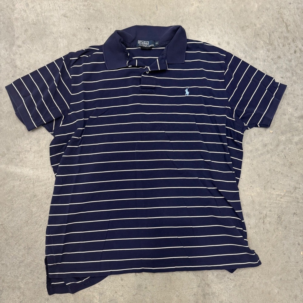Polo Ralph Lauren Mens XL Pima Cotton Striped Polo Shirt Navy Blue Short Sleeve